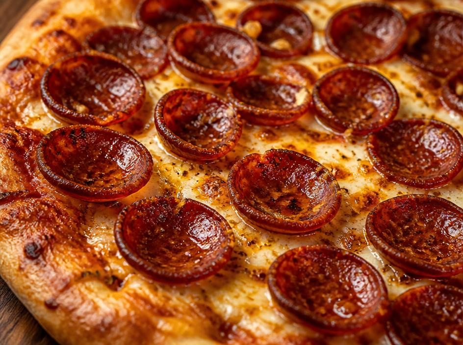 Pepperoni pizza featuring dark, spiced beef pepperoni slices cupping with oil