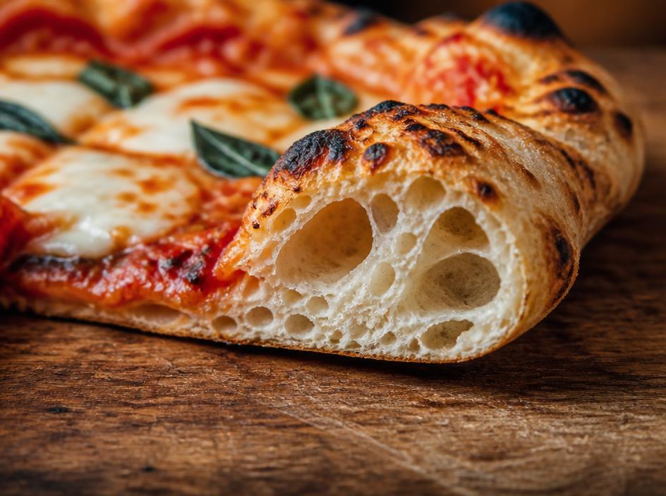 Close-up of a thick, airy hand-tossed pizza crust with golden brown bubbles
