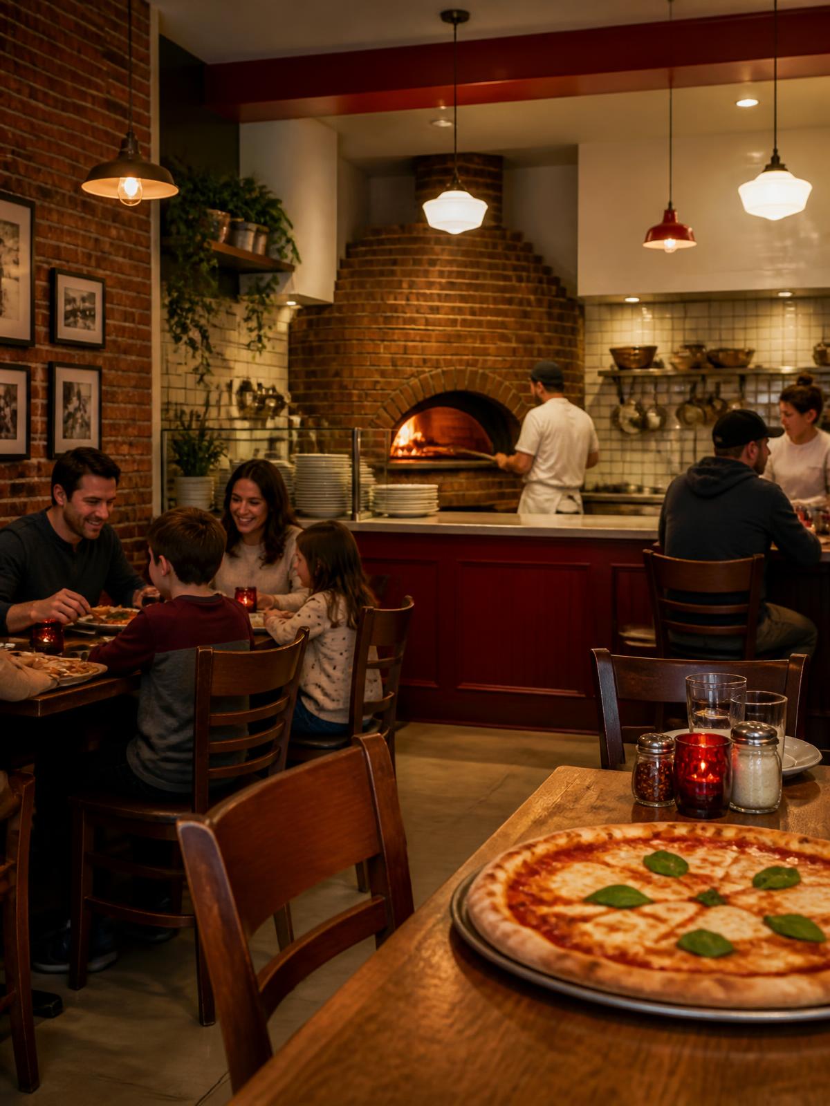 Cozy interior of Grandma's Pizza with warm lighting and a brick oven