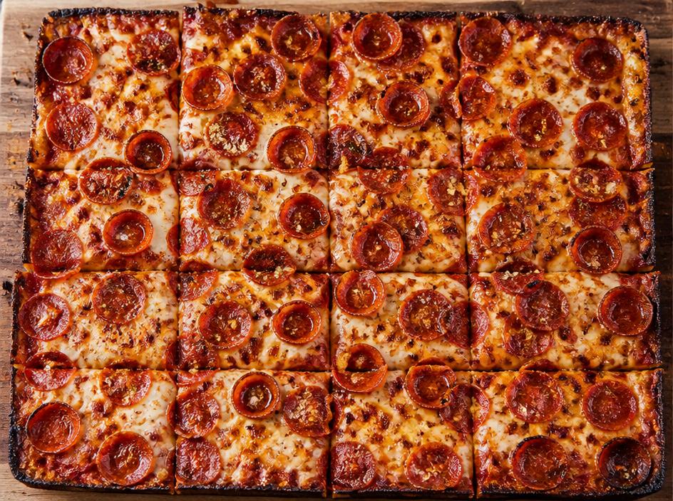 Ultra thin and crispy square-cut pizza with slightly charred edges